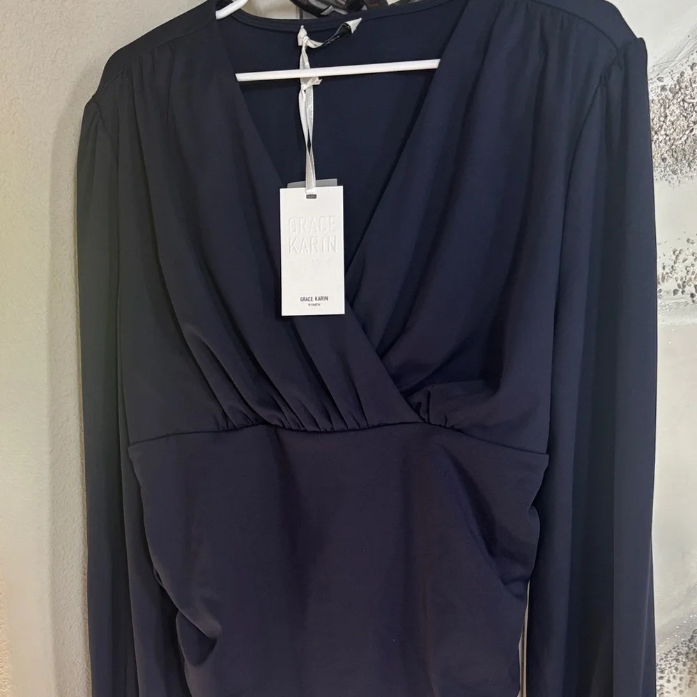 Nwt Grace Karin Deep Blue V-Neck Blouse - Picture 2 of 5